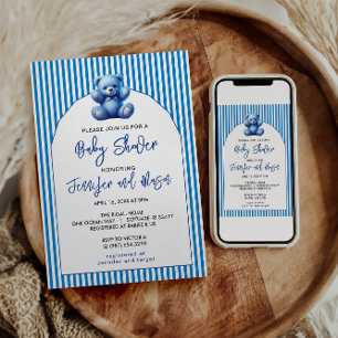 Cute Blue Teddy Bear Vintage Baby Boy Shower Invitation
