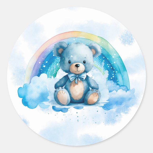 Cute Blue Teddy Bear with Rainbow Boy Baby Shower Classic Round Sticker (Front)