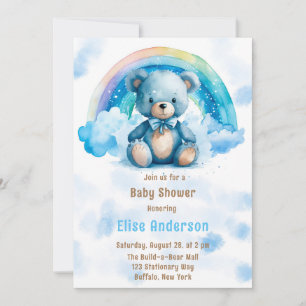 Cute Blue Teddy Bear with Rainbow Boy Baby Shower Invitation