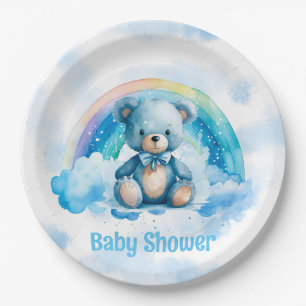 Cute Blue Teddy Bear with Rainbow Boy Baby Shower Paper Plate