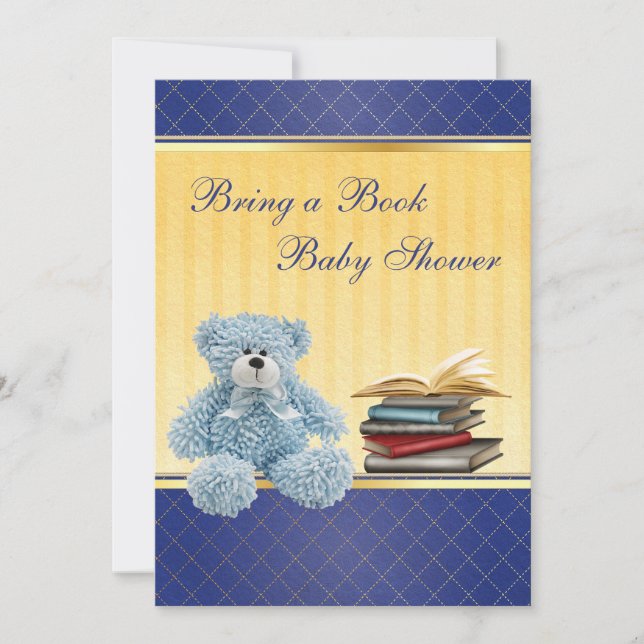 Cute Blue Teddy Elegant Bring a Book Baby Shower Invitation (Front)