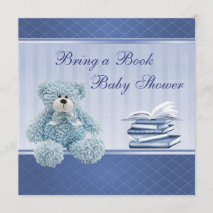 Cute Blue Teddy Elegant Bring a Book Baby Shower Invitation