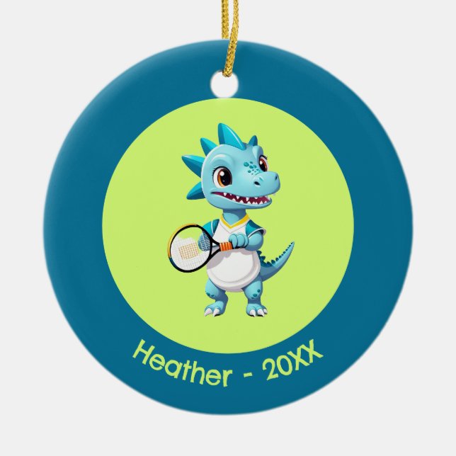 Cute blue tennis dinosaur ceramic tree decoration (Front)