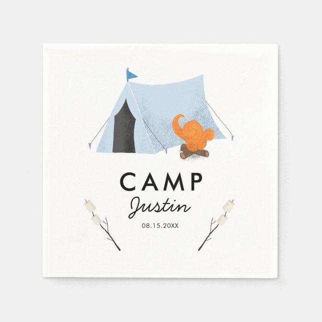 Cute Blue Tent Camping Birthday Party Napkin (Front)