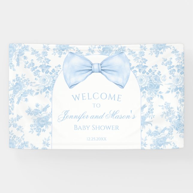 Cute Blue Toile Bow Tie Baby Shower Welcome Banner (Horizontal)