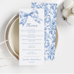 Cute Blue Toile Bow Vintage Baby Boy Shower  Menu