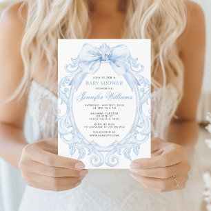 Cute Blue Toile Frame Bow Baby Boy Shower Invitation