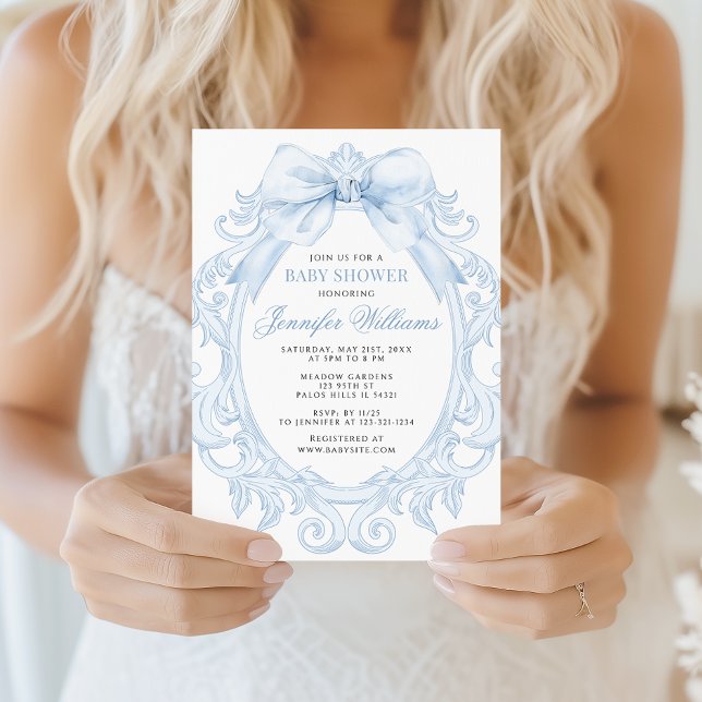 Cute Blue Toile Frame Bow Baby Boy Shower Invitation (Creator Uploaded)