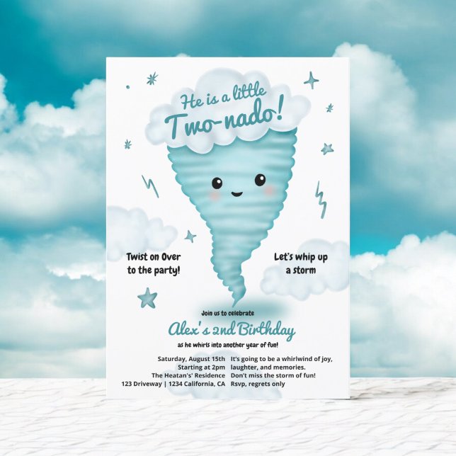 Cute blue Tornado Themed 2nd Birthday Kids party Invitation (Cute blue Tornado Themed 2nd Birthday Kids party Invitation)