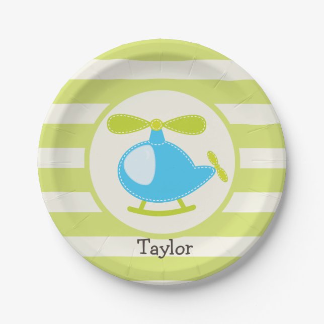 Cute Blue Toy Helicopter on Lime Green Stripes Paper Plate (Front)