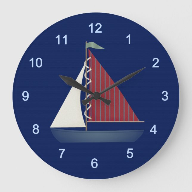 Cute Blue Toy Sailboat Large Clock (Front)