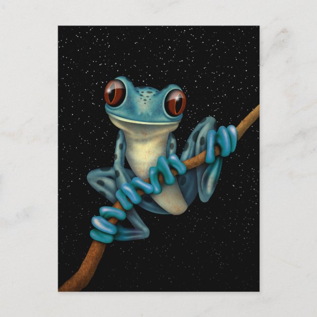 Cute Blue Tree Frog on a Branch with Stars Postcard (Front)
