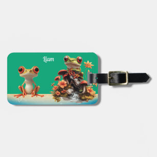 Cute Blue Tree Frog on Green Leaf Luggage Tag