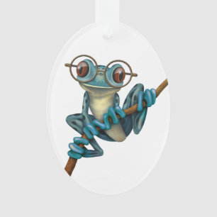 Cute Blue Tree Frog with Eye Glasses on White Ornament
