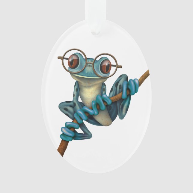 Cute Blue Tree Frog with Eye Glasses on White Ornament (Front)
