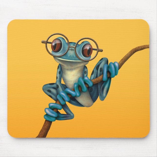 Cute Blue Tree Frog with Eye Glasses on Yellow Mouse Mat (Front)