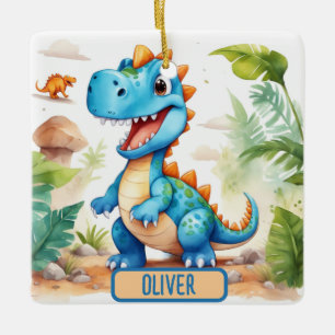 Cute Blue Trex Dinosaur Personalised Ceramic Ornament