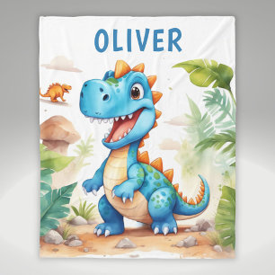 Cute Blue Trex Dinosaur Personalised Fleece Blanket