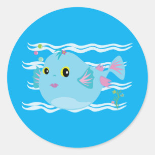 Cute Blue Tropical Fish Pink Fins Classic Round Sticker