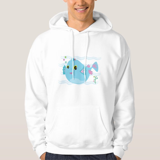 Cute Blue Tropical Fish Pink Fins Hoodie (Front)