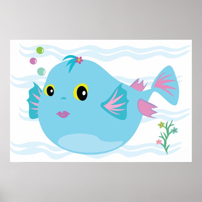Cute Blue Tropical Fish Pink Fins Poster (Front)