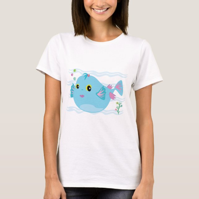 Cute Blue Tropical Fish Pink Fins T-Shirt (Front)