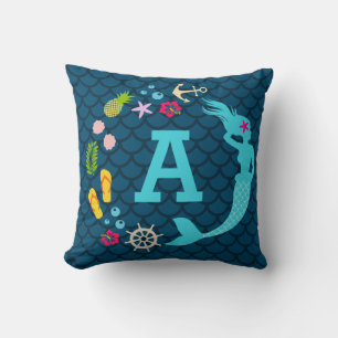Cute Blue Tropical Mermaid Monogram Girls Cushion