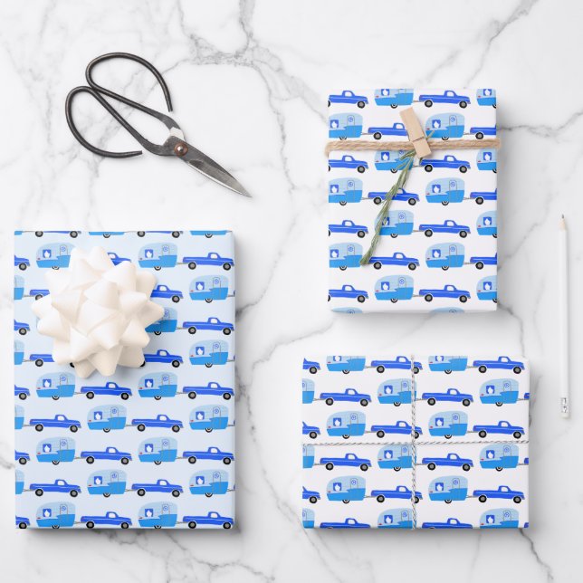 Cute Blue Truck & Trailer RV Adventure  Wrapping Paper Sheet (Front)