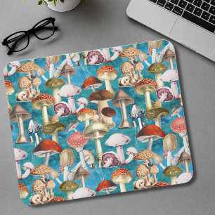 Cute Blue Turquoise Cottagecore Mushroom Pattern Mouse Mat