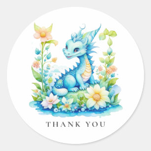 Cute Blue Turquoise Green Dragon Thank You Classic Round Sticker