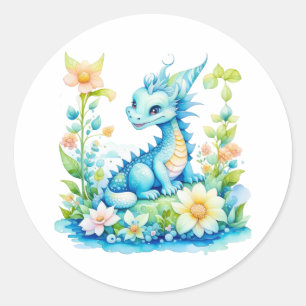 Cute Blue Turquoise Green Fantasy Dragon  Classic Round Sticker