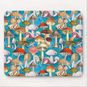 Cute blue turquoise mushroom fungi pattern mouse mat