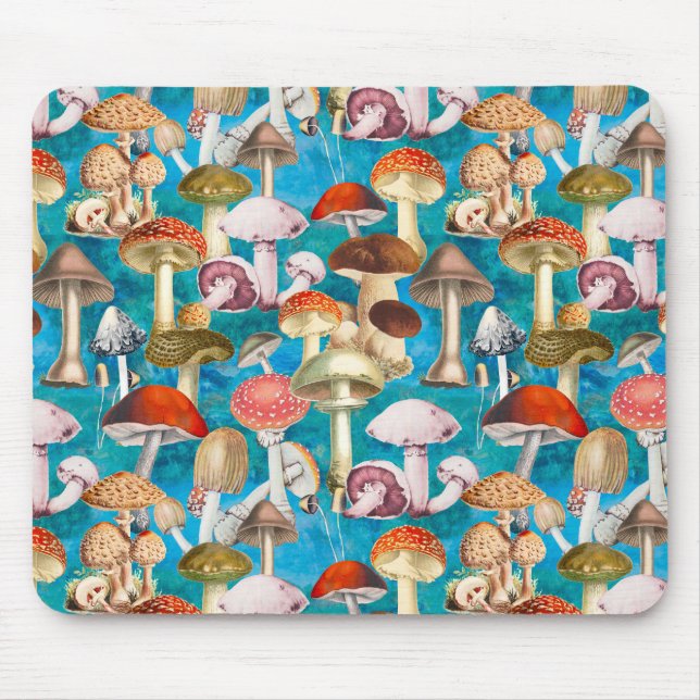 Cute blue turquoise mushroom fungi pattern  mouse mat (Front)