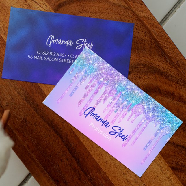 Cute blue Turquoise Unicorn Glitter Drips monogram Business Card (Creator Uploaded)