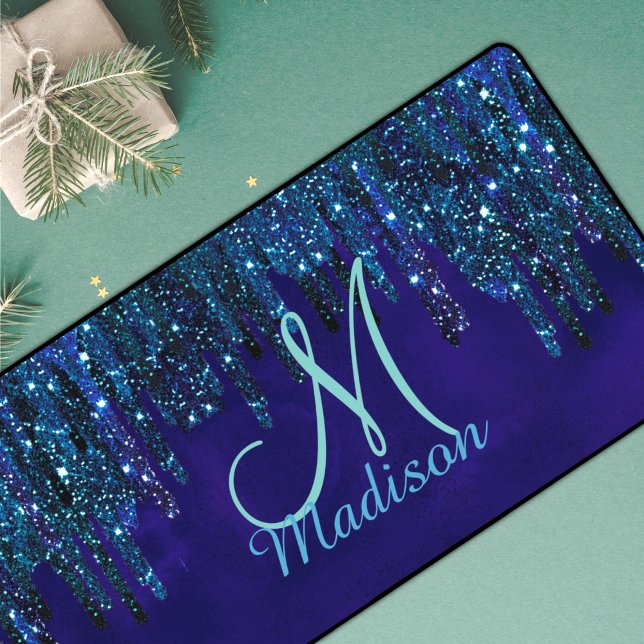Cute blue turquoise Unicorn Glitter Drips monogram Desk Mat (Creator Uploaded)