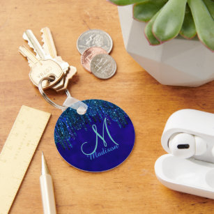 Cute blue turquoise Unicorn Glitter Drips monogram Key Ring