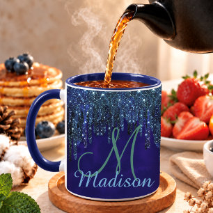 Cute blue turquoise Unicorn Glitter Drips monogram Mug