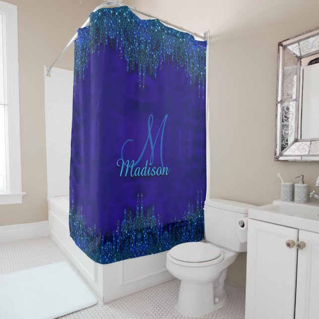 Cute blue turquoise Unicorn Glitter Drips monogram Shower Curtain (In Situ)