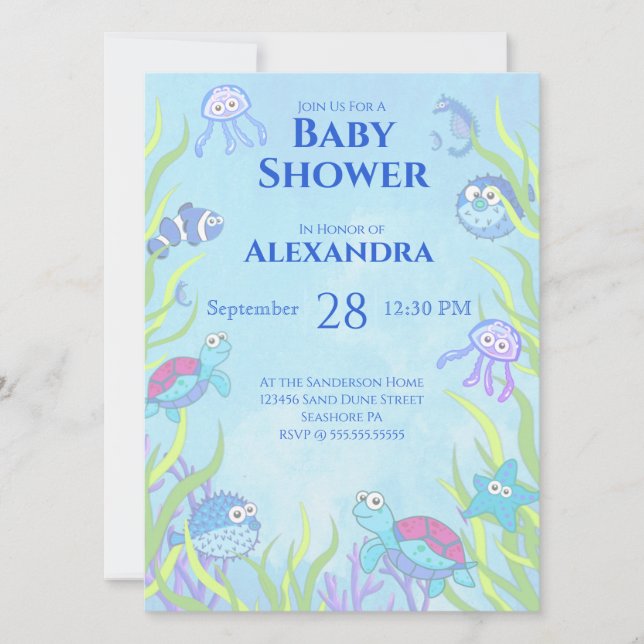 Cute Blue Under the Sea Boy Baby Shower Invitation (Front)