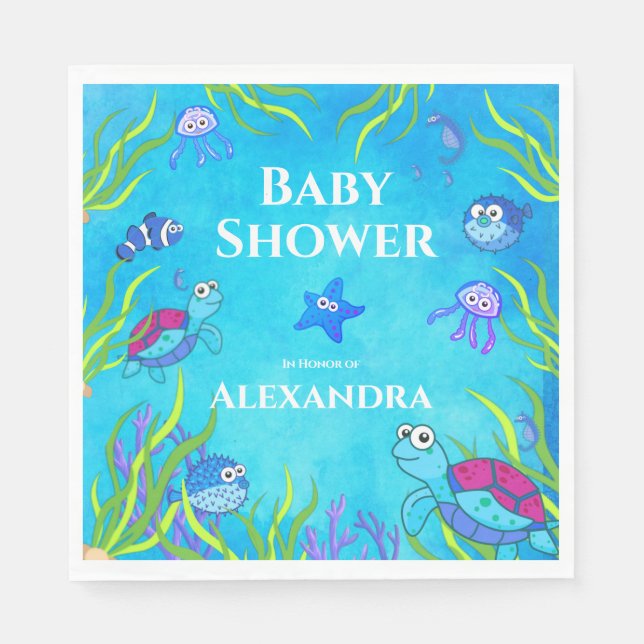 Cute Blue Under the Sea Boy Baby Shower Napkin (Front)