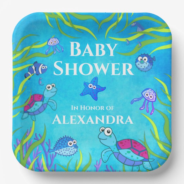 Cute Blue Under the Sea Boy Baby Shower Napkins Cl Paper Plate (Front)