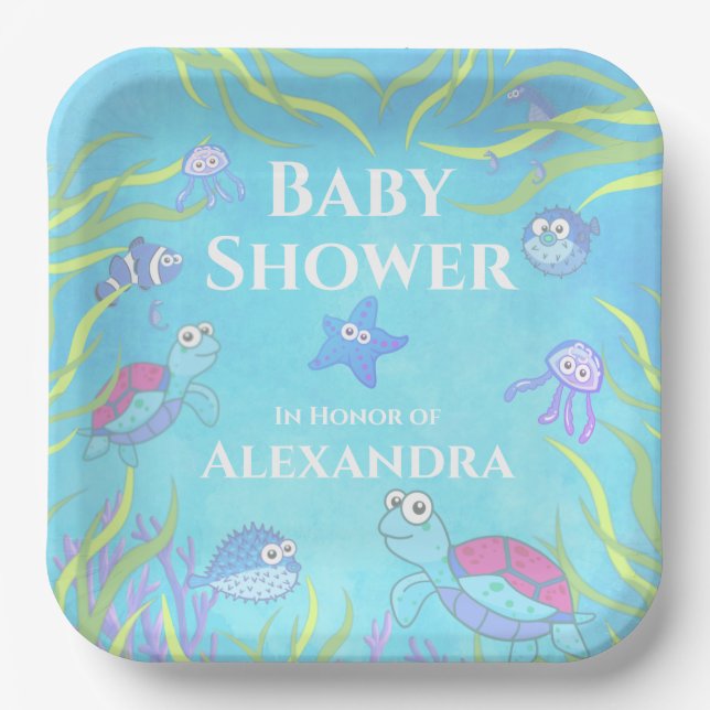 Cute Blue Under the Sea Boy Baby Shower  Paper Pla Paper Plate (Front)