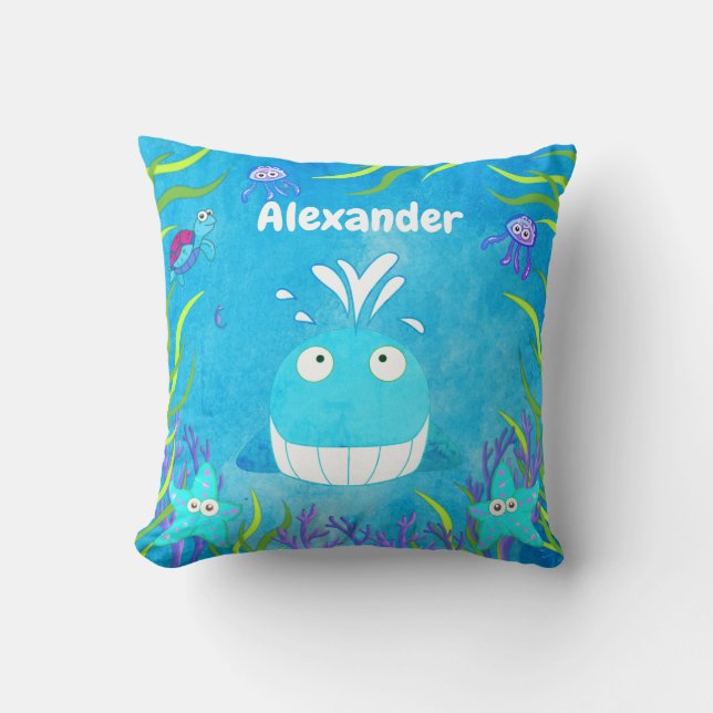 Cute Blue Under the Sea Whale Boy Cushion (Front)