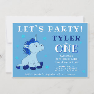 Cute Blue Unicorn 1st Birthday Party Invitation
