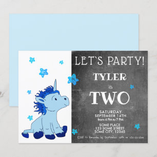 Cute Blue Unicorn 2nd Birthday Party Invitation