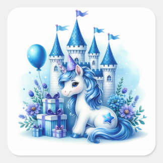Cute Blue Unicorn and Fairytale Castle  Square Sticker