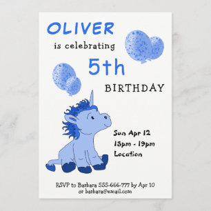 Cute Blue Unicorn Balloons Boy`s Birthday Party Invitation