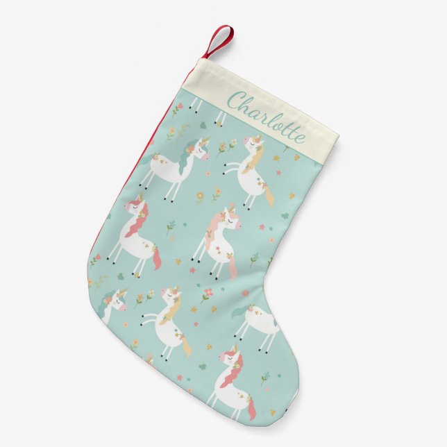 Cute Blue Unicorn Gold Glitter Floral Personalised Small Christmas Stocking (Front (Hanging))