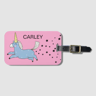 Cute Blue Unicorn Leaving Trail of Stars Name Luggage Tag