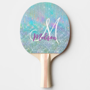 Cute blue unicorn rhinestones Drips monogram Ping Pong Paddle
